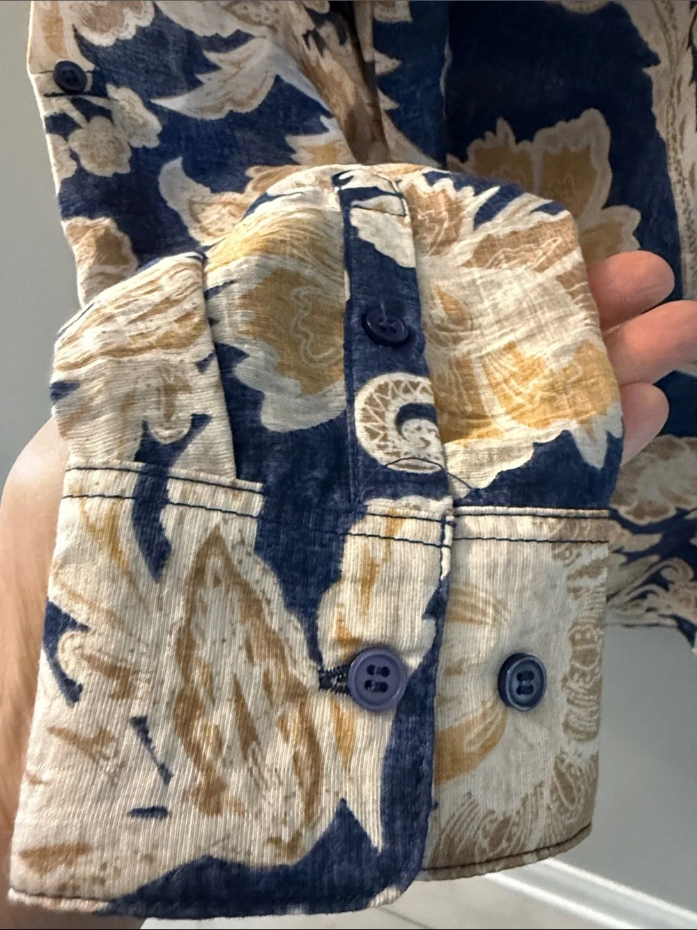 Tamara H. Navy Blue Shirt with Gold and Cream Floral Print, NWTs